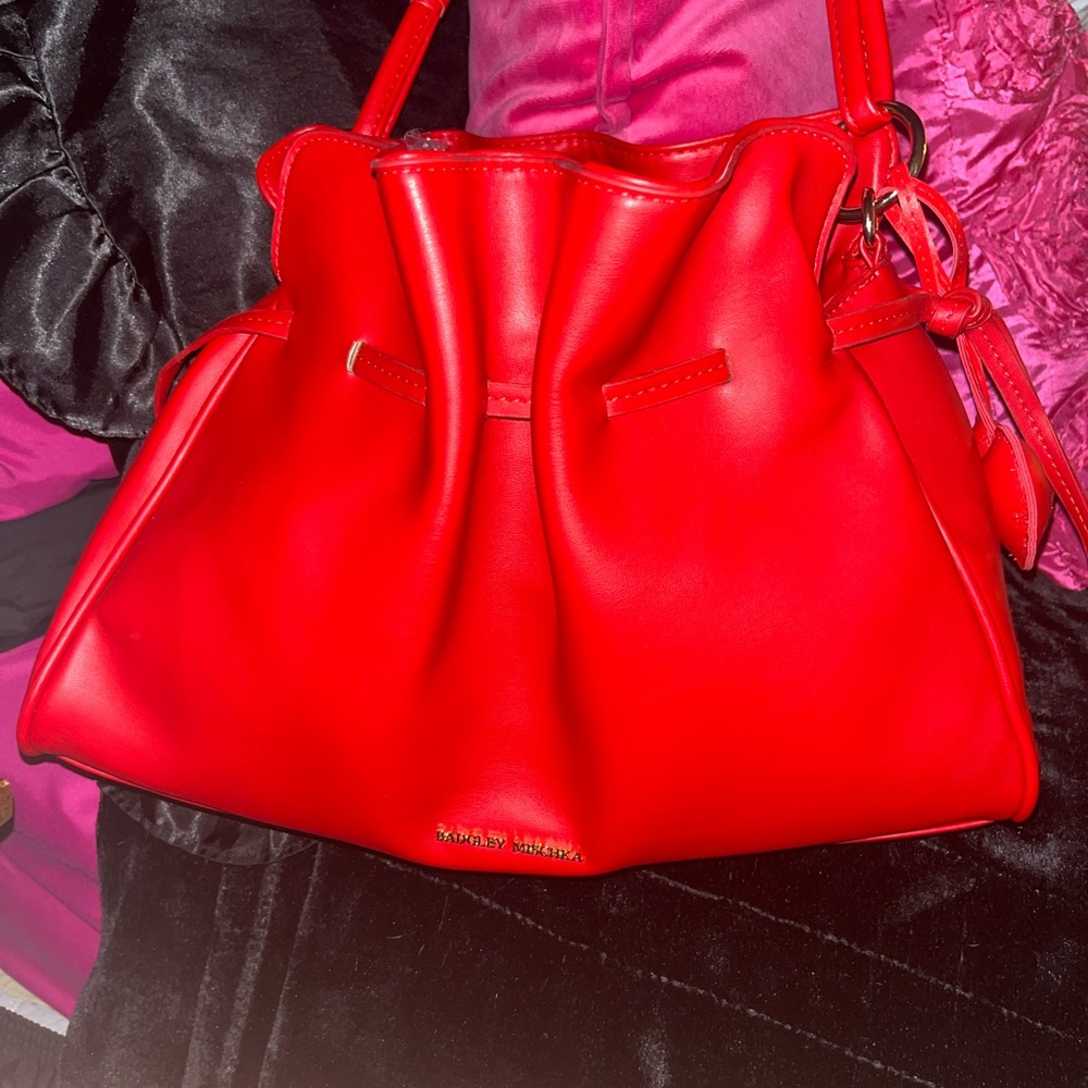 Badgley Mischka Red Leather Drawstring Shoulder Bag